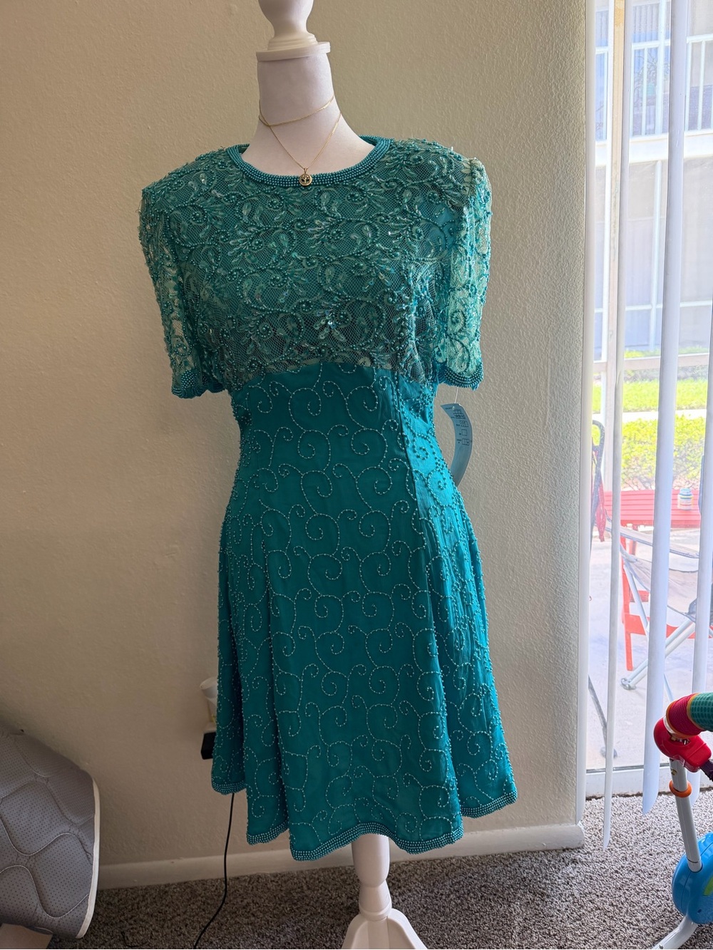 Vintage 80s/90s Creative Creations Beaded Teal Silk Cocktail Dress - Size 8